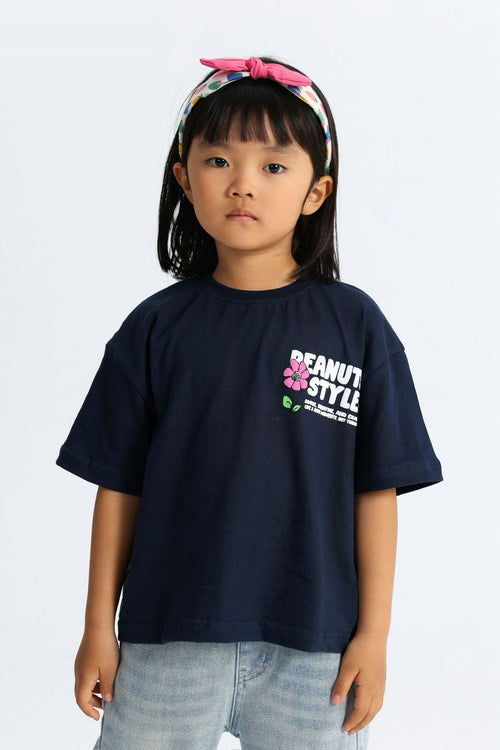 Girls’ Navy Comic Graphic T-Shirt – front view