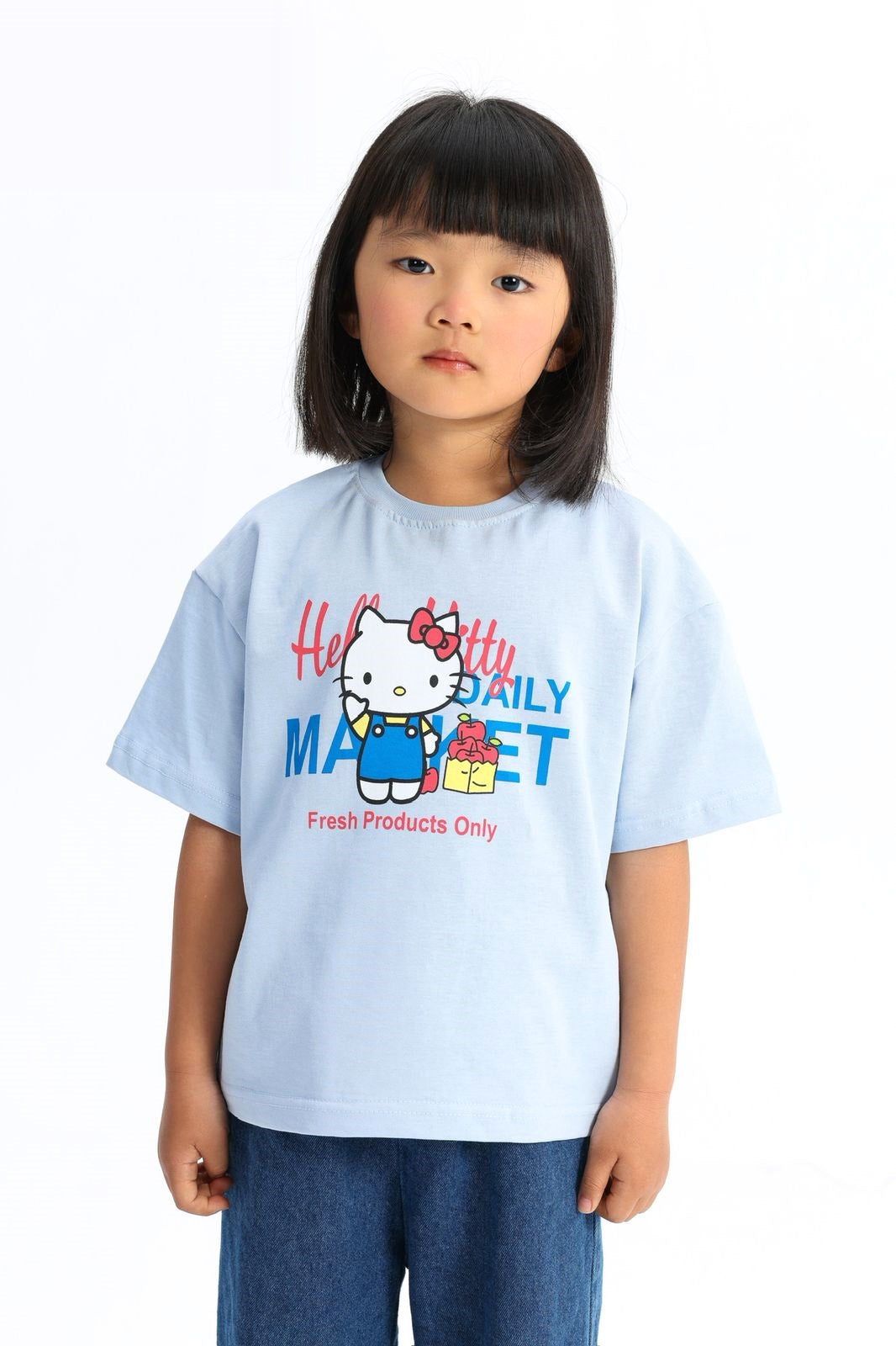 Girls’ Light Blue Kitty Market Graphic T-Shirt – front view